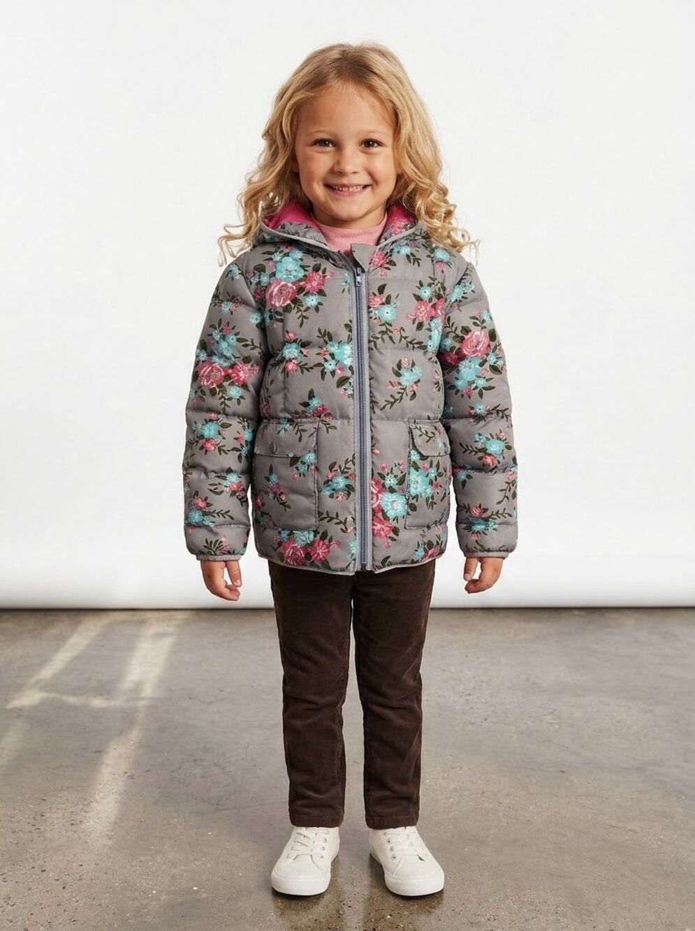Hanna Andersson Kids Size 110 US 6 Grey Floral Full Zip Puffer Jacket Coat Warm